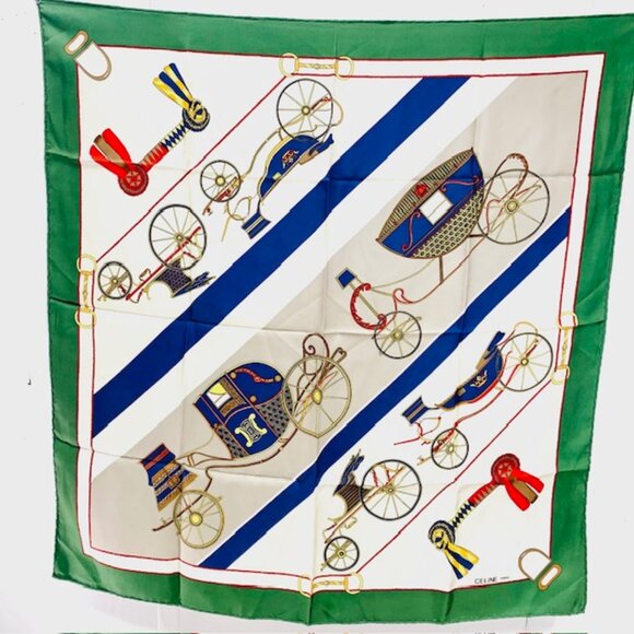 Vintage Celine Paris Scarf Large, 34"x34" Silk Satin Green beige carriage (56) - Picture 1 of 7